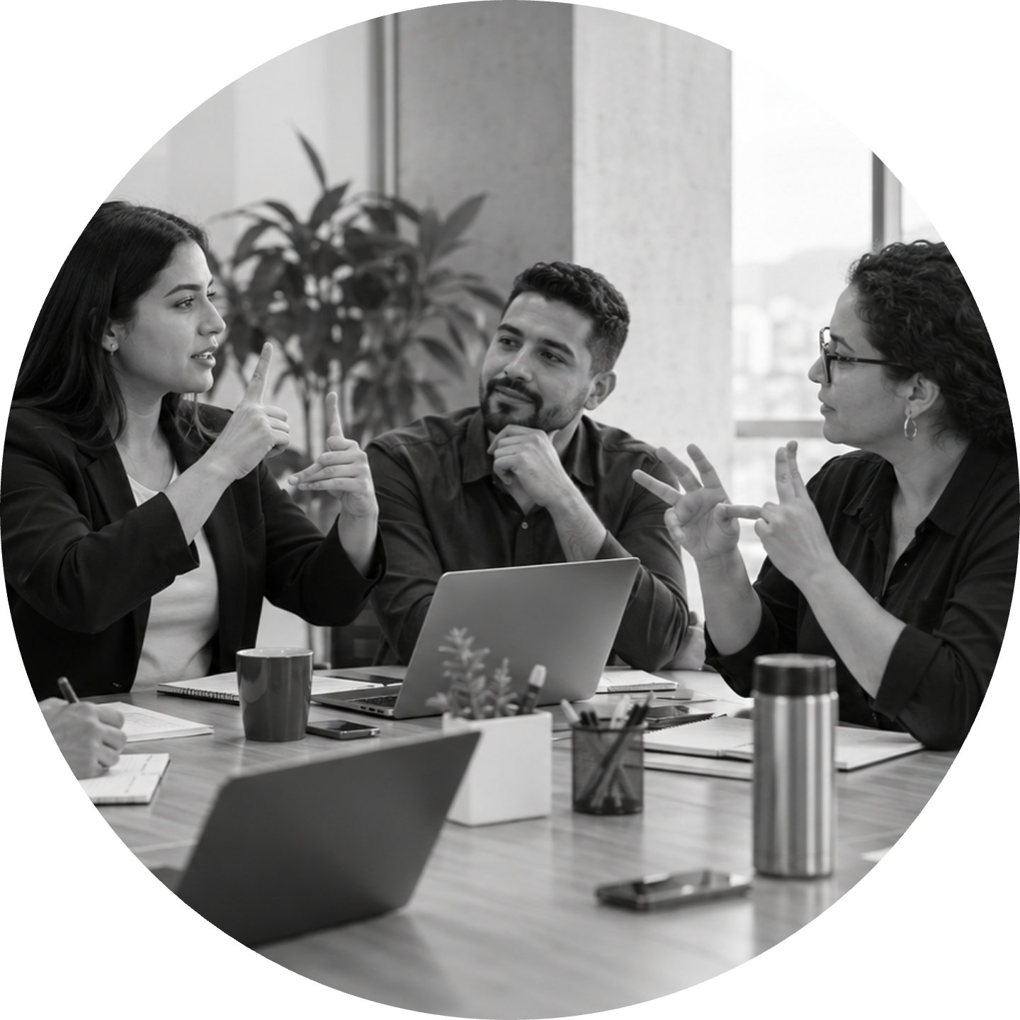 Tres personas conversan en lengua de señas en una mesa de reunión con computadores.